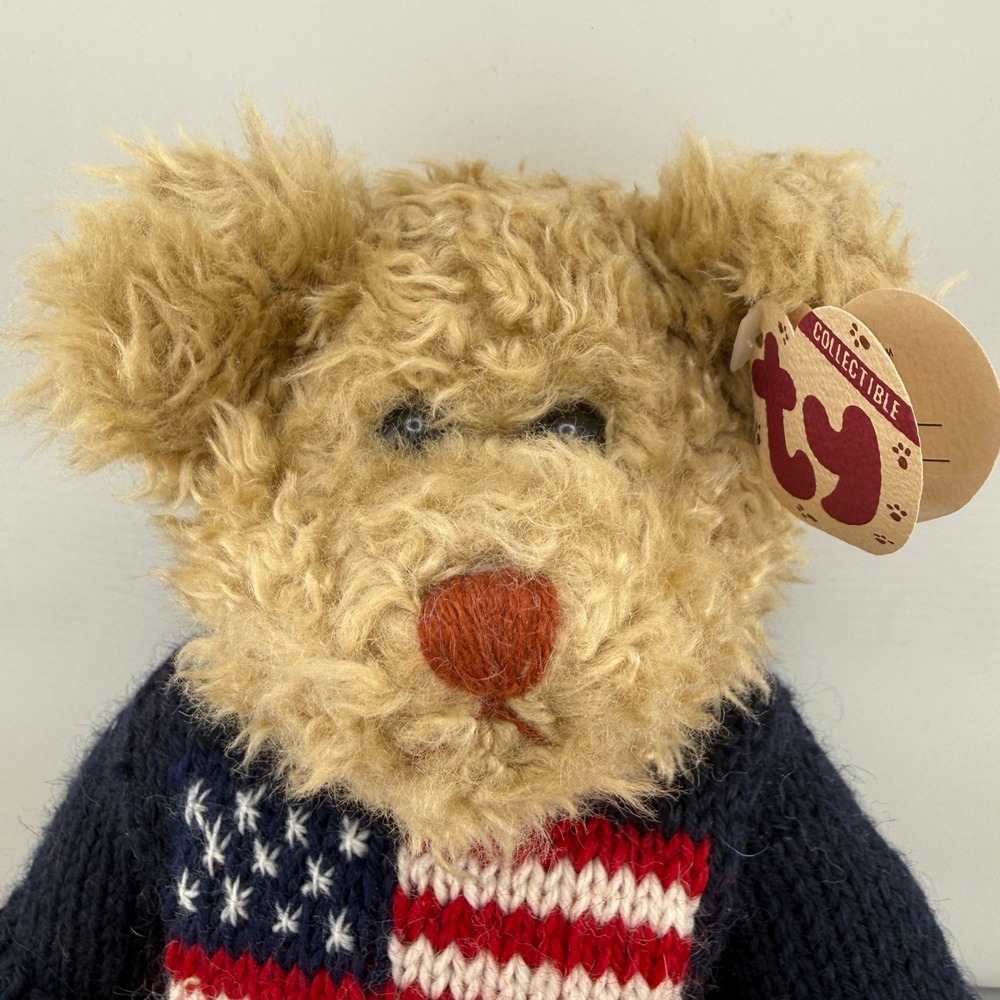 Ty Attic Treasures Grant Bear Plush 14in Tan Excellent USA Flag Sweater 1993